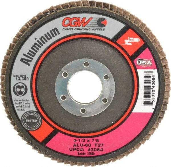 Camel Grinding Wheels - 60 Grit, 4-1/2" Disc Diam, 7/8" Center Hole, Type 27 Aluminum Oxide Flap Disc - 13,300 Max RPM, Polyester Backing, Arbor Attaching System, Coated - Eagle Tool & Supply