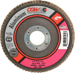 Camel Grinding Wheels - 60 Grit, 4-1/2" Disc Diam, 7/8" Center Hole, Type 27 Aluminum Oxide Flap Disc - 13,300 Max RPM, Polyester Backing, Arbor Attaching System, Coated - Eagle Tool & Supply