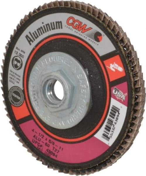 Camel Grinding Wheels - 60 Grit, 4-1/2" Disc Diam, 5/8-11 Center Hole, Type 27 Aluminum Oxide Flap Disc - 13,300 Max RPM, Polyester Backing, Arbor Attaching System, Coated - Eagle Tool & Supply