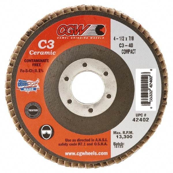 Camel Grinding Wheels - 80 Grit, 5" Disc Diam, 5/8-11 Center Hole, Ceramic Flap Disc - 12,200 Max RPM, Polyester Backing, Arbor Attaching System, Coated - Eagle Tool & Supply