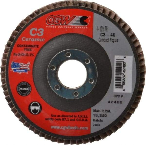 Camel Grinding Wheels - 40 Grit, 4-1/2" Disc Diam, 7/8" Center Hole, Ceramic Flap Disc - 13,300 Max RPM, Polyester Backing, Arbor Attaching System, Coated - Eagle Tool & Supply