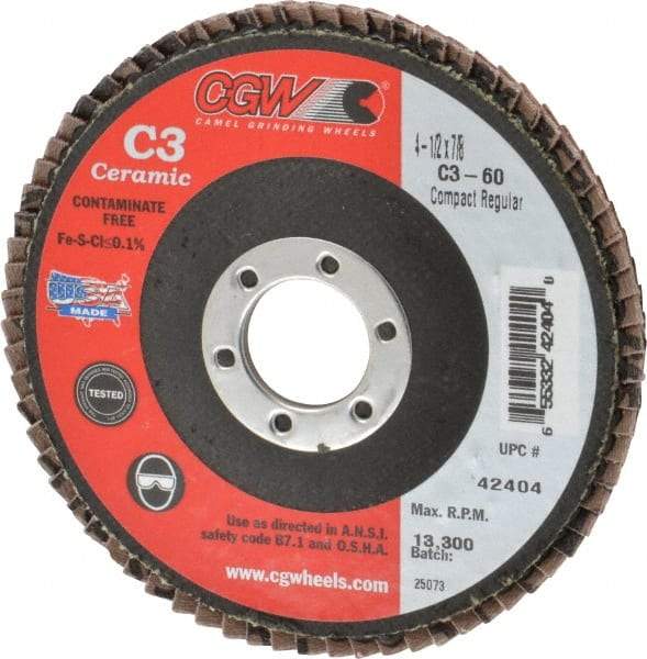Camel Grinding Wheels - 60 Grit, 4-1/2" Disc Diam, 7/8" Center Hole, Ceramic Flap Disc - 13,300 Max RPM, Polyester Backing, Arbor Attaching System, Coated - Eagle Tool & Supply