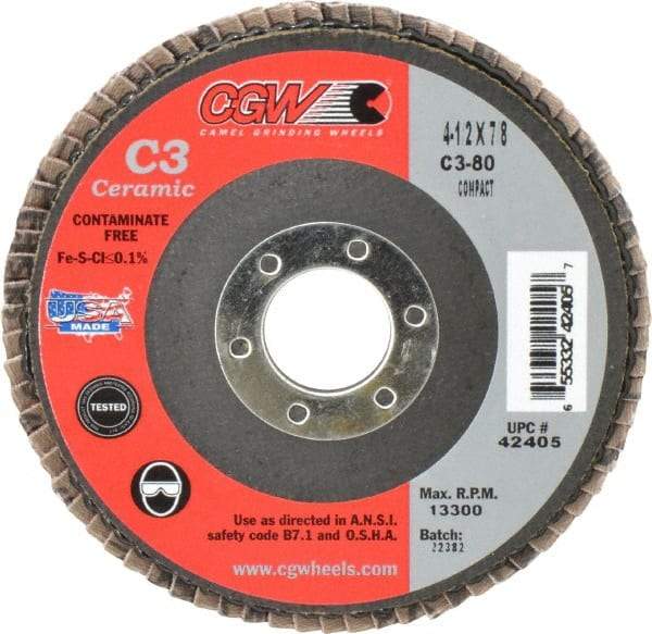 Camel Grinding Wheels - 80 Grit, 4-1/2" Disc Diam, 7/8" Center Hole, Ceramic Flap Disc - 13,300 Max RPM, Polyester Backing, Arbor Attaching System, Coated - Eagle Tool & Supply