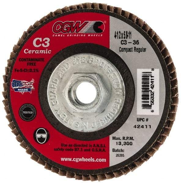 Camel Grinding Wheels - 36 Grit, 4-1/2" Disc Diam, 5/8-11 Center Hole, Ceramic Flap Disc - 13,300 Max RPM, Polyester Backing, Arbor Attaching System, Coated - Eagle Tool & Supply