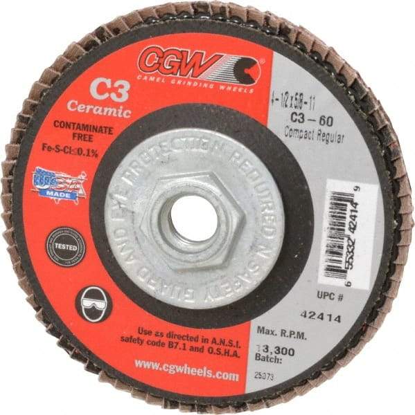 Camel Grinding Wheels - 60 Grit, 4-1/2" Disc Diam, 5/8-11 Center Hole, Ceramic Flap Disc - 13,300 Max RPM, Polyester Backing, Arbor Attaching System, Coated - Eagle Tool & Supply