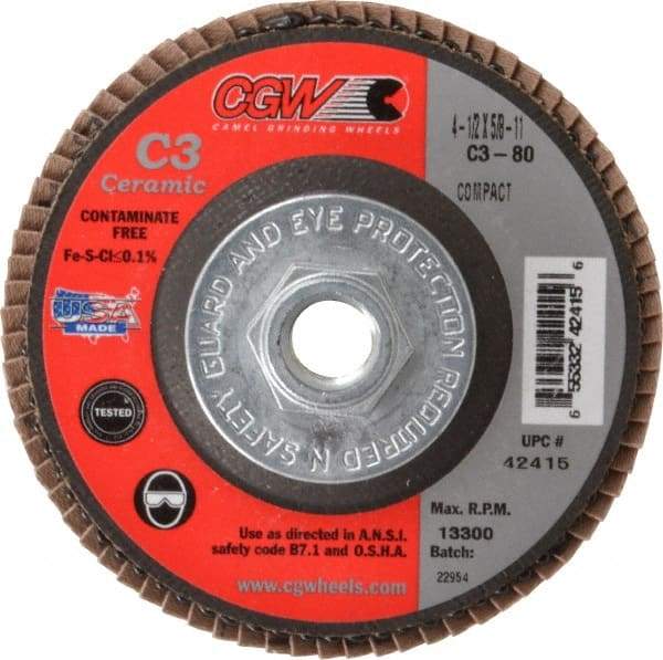 Camel Grinding Wheels - 80 Grit, 4-1/2" Disc Diam, 5/8-11 Center Hole, Ceramic Flap Disc - 13,300 Max RPM, Polyester Backing, Arbor Attaching System, Coated - Eagle Tool & Supply