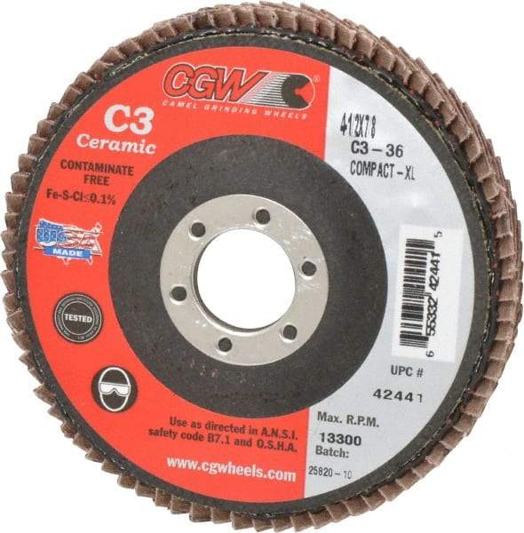 Camel Grinding Wheels - 36 Grit, 4-1/2" Disc Diam, 7/8" Center Hole, Ceramic Flap Disc - 13,300 Max RPM, Polyester Backing, Arbor Attaching System, Coated - Eagle Tool & Supply
