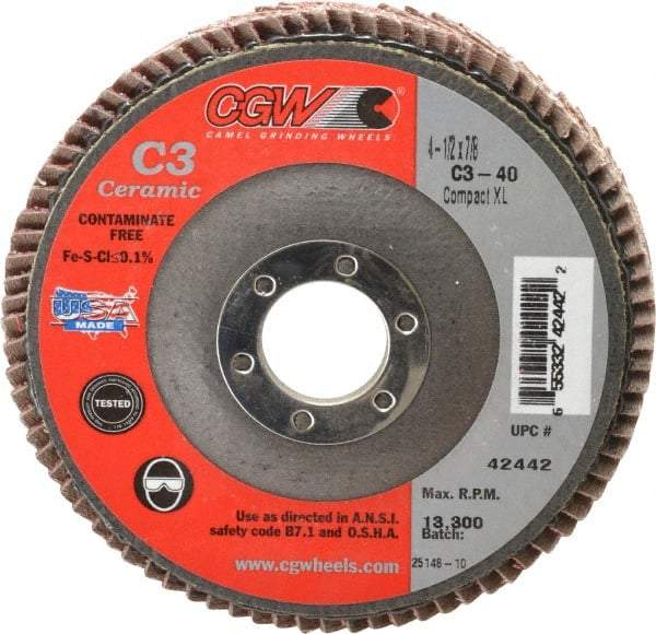 Camel Grinding Wheels - 40 Grit, 4-1/2" Disc Diam, 7/8" Center Hole, Ceramic Flap Disc - 13,300 Max RPM, Polyester Backing, Arbor Attaching System, Coated - Eagle Tool & Supply