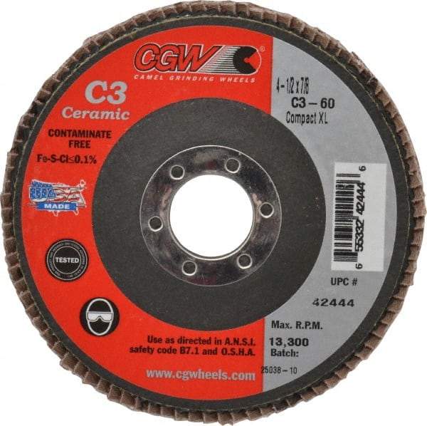 Camel Grinding Wheels - 60 Grit, 4-1/2" Disc Diam, 7/8" Center Hole, Ceramic Flap Disc - 13,300 Max RPM, Polyester Backing, Arbor Attaching System, Coated - Eagle Tool & Supply