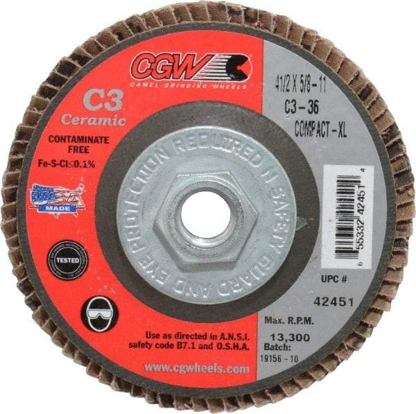 Camel Grinding Wheels - 36 Grit, 4-1/2" Disc Diam, 5/8-11 Center Hole, Ceramic Flap Disc - 13,300 Max RPM, Polyester Backing, Arbor Attaching System, Coated - Eagle Tool & Supply