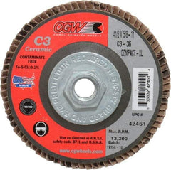 Camel Grinding Wheels - 36 Grit, 4-1/2" Disc Diam, 5/8-11 Center Hole, Ceramic Flap Disc - 13,300 Max RPM, Polyester Backing, Arbor Attaching System, Coated - Eagle Tool & Supply