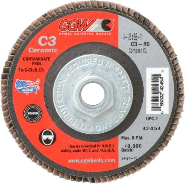 Camel Grinding Wheels - 60 Grit, 4-1/2" Disc Diam, 5/8-11 Center Hole, Ceramic Flap Disc - 13,300 Max RPM, Polyester Backing, Arbor Attaching System, Coated - Eagle Tool & Supply