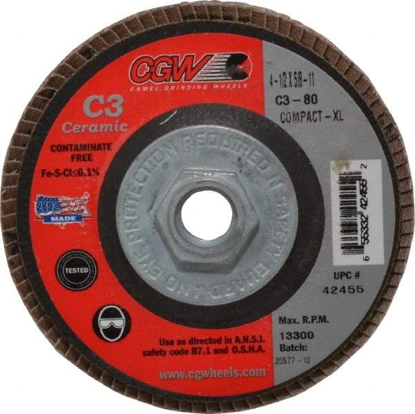 Camel Grinding Wheels - 80 Grit, 4-1/2" Disc Diam, 5/8-11 Center Hole, Ceramic Flap Disc - 13,300 Max RPM, Polyester Backing, Arbor Attaching System, Coated - Eagle Tool & Supply