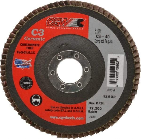 Camel Grinding Wheels - 40 Grit, 5" Disc Diam, 7/8" Center Hole, Ceramic Flap Disc - 12,200 Max RPM, Polyester Backing, Arbor Attaching System, Coated - Eagle Tool & Supply