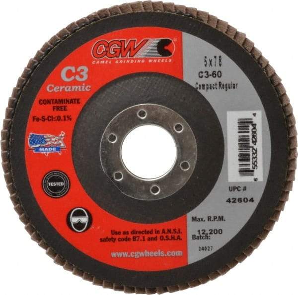 Camel Grinding Wheels - 60 Grit, 5" Disc Diam, 7/8" Center Hole, Ceramic Flap Disc - 12,200 Max RPM, Polyester Backing, Arbor Attaching System, Coated - Eagle Tool & Supply