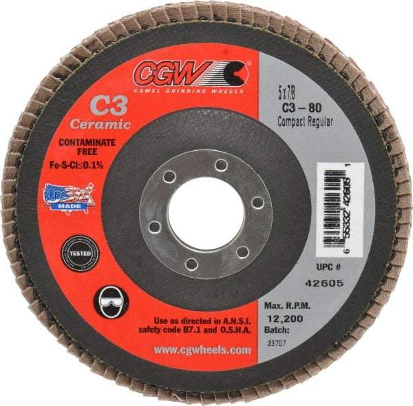 Camel Grinding Wheels - 80 Grit, 5" Disc Diam, 7/8" Center Hole, Ceramic Flap Disc - 12,200 Max RPM, Polyester Backing, Arbor Attaching System, Coated - Eagle Tool & Supply