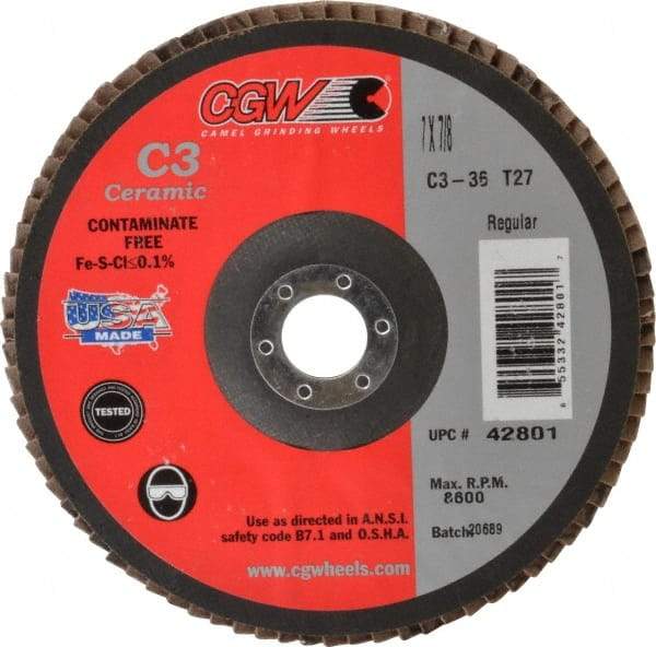 Camel Grinding Wheels - 36 Grit, 7" Disc Diam, 7/8" Center Hole, Type 27 Ceramic Flap Disc - 8,600 Max RPM, Polyester Backing, Arbor Attaching System, Coated - Eagle Tool & Supply