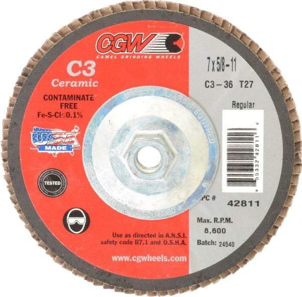Camel Grinding Wheels - 36 Grit, 7" Disc Diam, 5/8-11 Center Hole, Type 27 Ceramic Flap Disc - 8,600 Max RPM, Polyester Backing, Arbor Attaching System, Coated - Eagle Tool & Supply