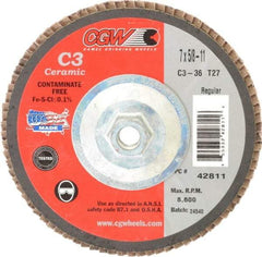 Camel Grinding Wheels - 36 Grit, 7" Disc Diam, 5/8-11 Center Hole, Type 27 Ceramic Flap Disc - 8,600 Max RPM, Polyester Backing, Arbor Attaching System, Coated - Eagle Tool & Supply