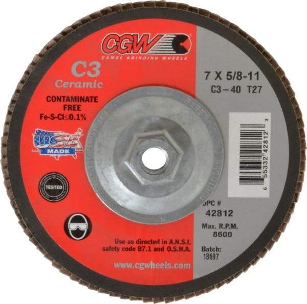 Camel Grinding Wheels - 40 Grit, 7" Disc Diam, 5/8-11 Center Hole, Type 27 Ceramic Flap Disc - 8,600 Max RPM, Polyester Backing, Arbor Attaching System, Coated - Eagle Tool & Supply