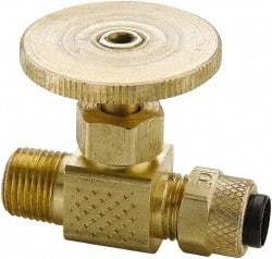 Parker - 1/4" Pipe, Inline Needle Valve - Poly-Tite x MNPTF Ends, Brass Valve, 150 Max psi - Eagle Tool & Supply