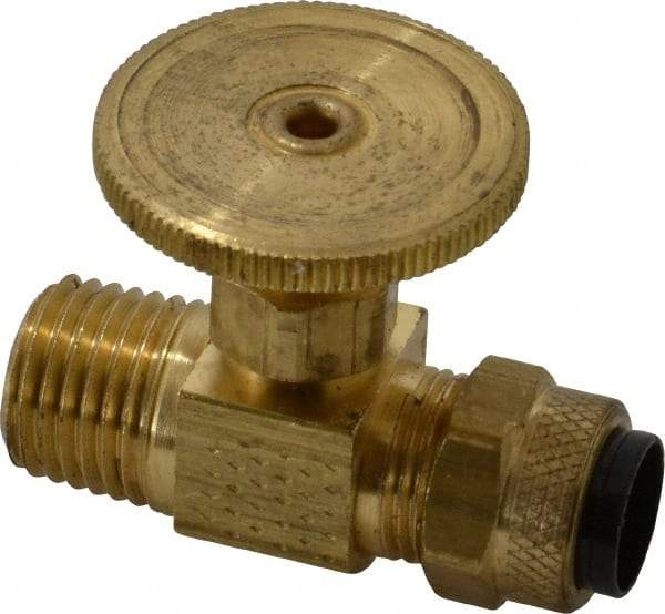 Parker - 3/8 x 1/4" Pipe, Inline Needle Valve - Poly-Tite x MNPTF Ends, Brass Valve, 150 Max psi - Eagle Tool & Supply