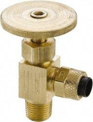 Parker - 1/4" Pipe, Angled Needle Valve - Poly-Tite x MNPTF Ends, Brass Valve, 150 Max psi - Eagle Tool & Supply