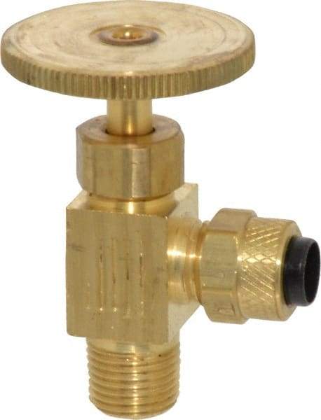 Parker - 1/4 x 1/8" Pipe, Angled Needle Valve - Poly-Tite x MNPTF Ends, Brass Valve, 150 Max psi - Eagle Tool & Supply