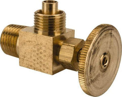 Parker - 3/8 x 1/4" Pipe, Angled Needle Valve - Poly-Tite x MNPTF Ends, Brass Valve, 150 Max psi - Eagle Tool & Supply