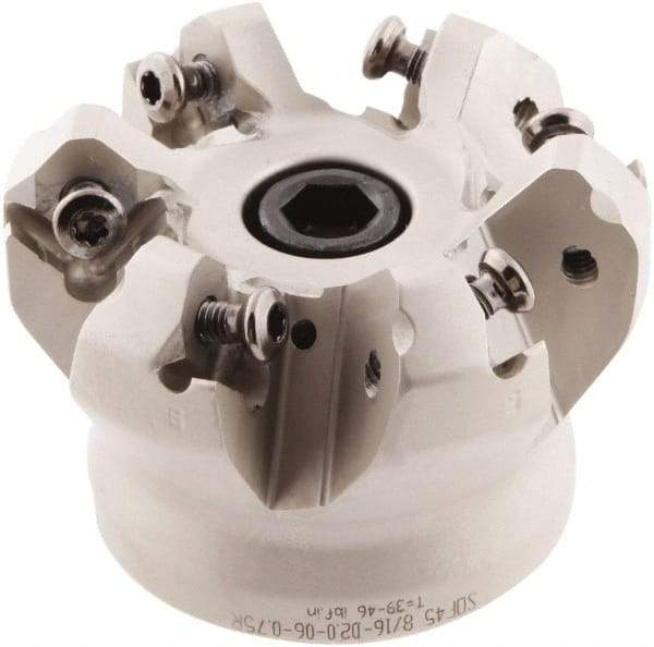 Iscar - 2" Cut Diam, 3/4" Arbor Hole, 0.138" Max Depth of Cut, 45° Indexable Chamfer & Angle Face Mill - 6 Inserts, ONHU 0505\xB6OXMT 0507\xB6S845 SN.U 1305 Insert, Right Hand Cut, 6 Flutes, Series Helido - Eagle Tool & Supply