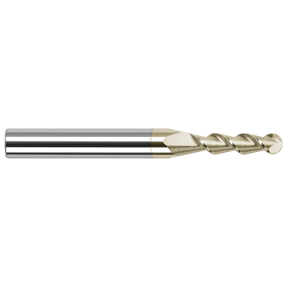 Ball End Mill: 0.125″ Dia, 0.5″ LOC, 2 Flute, Solid Carbide 1-1/2″ OAL, 1/8″ Shank Dia, 45 ° Helix, ZrN Coated, Single End