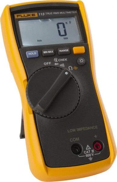 Fluke - 113, CAT IV, 600 VAC/VDC, Digital True RMS Auto Ranging Manual Ranging Multimeter - 60,000 Ohm, Measures Voltage, Resistance - Eagle Tool & Supply