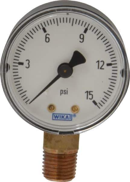 Wika - 2" Dial, 1/4 Thread, 0-15 Scale Range, Pressure Gauge - Lower Connection Mount, Accurate to 3-2-3% of Scale - Eagle Tool & Supply