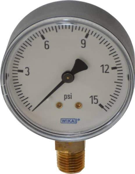 Wika - 2-1/2" Dial, 1/4 Thread, 0-15 Scale Range, Pressure Gauge - Lower Connection Mount, Accurate to 3-2-3% of Scale - Eagle Tool & Supply