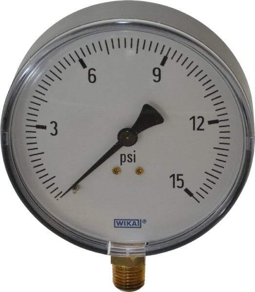 Wika - 4" Dial, 1/4 Thread, 0-15 Scale Range, Pressure Gauge - Lower Connection Mount, Accurate to 3-2-3% of Scale - Eagle Tool & Supply
