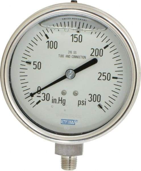 Wika - 4" Dial, 1/4 Thread, 30-0-300 Scale Range, Pressure Gauge - Lower Connection Mount, Accurate to 1% of Scale - Eagle Tool & Supply