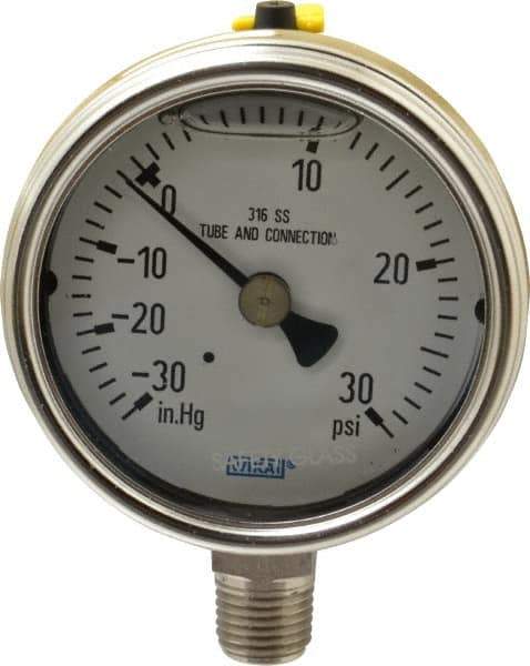 Wika - 2-1/2" Dial, 1/4 Thread, 30-0-30 Scale Range, Pressure Gauge - Lower Connection Mount, Accurate to 2-1-2% of Scale - Eagle Tool & Supply