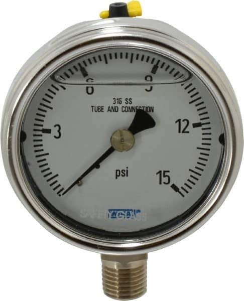 Wika - 2-1/2" Dial, 1/4 Thread, 0-15 Scale Range, Pressure Gauge - Lower Connection Mount, Accurate to 2-1-2% of Scale - Eagle Tool & Supply