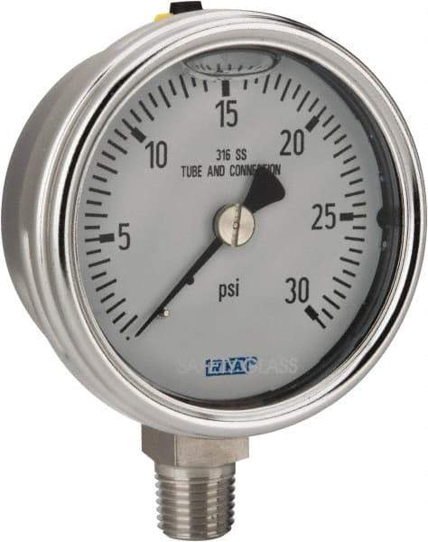 Wika - 2-1/2" Dial, 1/4 Thread, 0-30 Scale Range, Pressure Gauge - Lower Connection Mount, Accurate to 2-1-2% of Scale - Eagle Tool & Supply