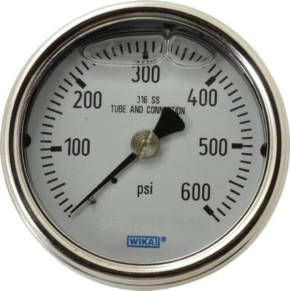 Wika - 2-1/2" Dial, 1/4 Thread, 0-600 Scale Range, Pressure Gauge - Center Back Connection Mount, Accurate to 2-1-2% of Scale - Eagle Tool & Supply