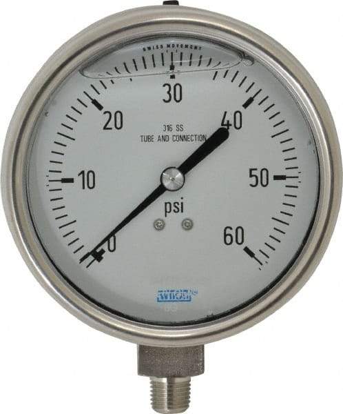 Wika - 4" Dial, 1/4 Thread, 0-60 Scale Range, Pressure Gauge - Lower Connection Mount, Accurate to 1% of Scale - Eagle Tool & Supply