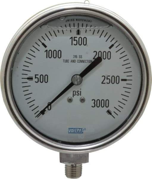 Wika - 4" Dial, 1/4 Thread, 0-3,000 Scale Range, Pressure Gauge - Lower Connection Mount, Accurate to 1% of Scale - Eagle Tool & Supply