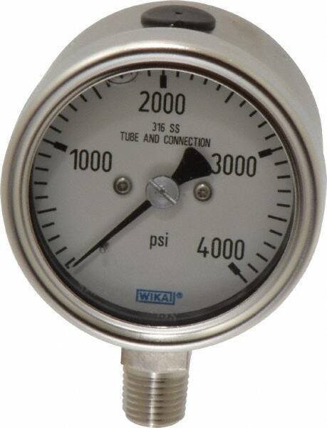 Wika - 2-1/2" Dial, 1/4 Thread, 0-4,000 Scale Range, Pressure Gauge - Lower Connection Mount, Accurate to 2-1-2% of Scale - Eagle Tool & Supply