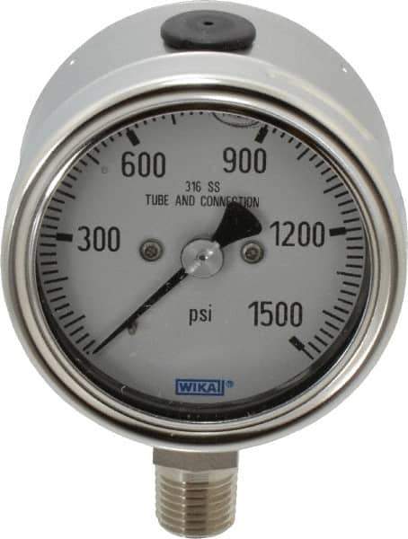 Wika - 2-1/2" Dial, 1/4 Thread, 0-1,500 Scale Range, Pressure Gauge - Lower Connection Mount, Accurate to 2-1-2% of Scale - Eagle Tool & Supply