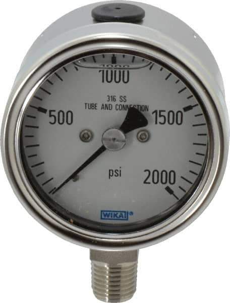 Wika - 2-1/2" Dial, 1/4 Thread, 0-2,000 Scale Range, Pressure Gauge - Lower Connection Mount, Accurate to 2-1-2% of Scale - Eagle Tool & Supply