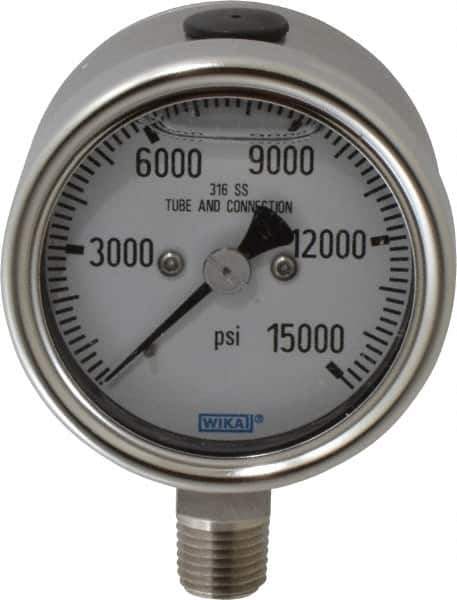 Wika - 2-1/2" Dial, 1/4 Thread, 0-15,000 Scale Range, Pressure Gauge - Lower Connection Mount, Accurate to 2-1-2% of Scale - Eagle Tool & Supply