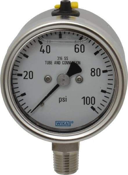 Wika - 2-1/2" Dial, 1/4 Thread, 100 Scale Range, Pressure Gauge - Lower Connection Mount, Accurate to 2-1-2% of Scale - Eagle Tool & Supply