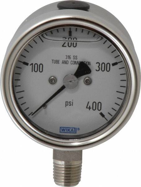 Wika - 2-1/2" Dial, 1/4 Thread, 400 Scale Range, Pressure Gauge - Lower Connection Mount, Accurate to 2-1-2% of Scale - Eagle Tool & Supply