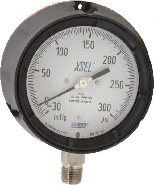 Wika - 4-1/2" Dial, 1/2 Thread, 30-0-300 Scale Range, Pressure Gauge - Lower Connection Mount, Accurate to 0.5% of Scale - Eagle Tool & Supply