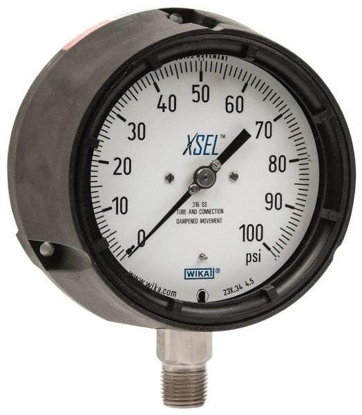 Wika - 4-1/2" Dial, 1/2 Thread, 0-100 Scale Range, Pressure Gauge - Lower Connection Mount, Accurate to 0.5% of Scale - Eagle Tool & Supply
